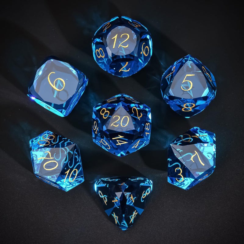 UDIXI 7Piece Glass Dice Set DD MultiFaceted DiamondCut Glass DND Dice for RPG Tabletop Games Blue - Image 3