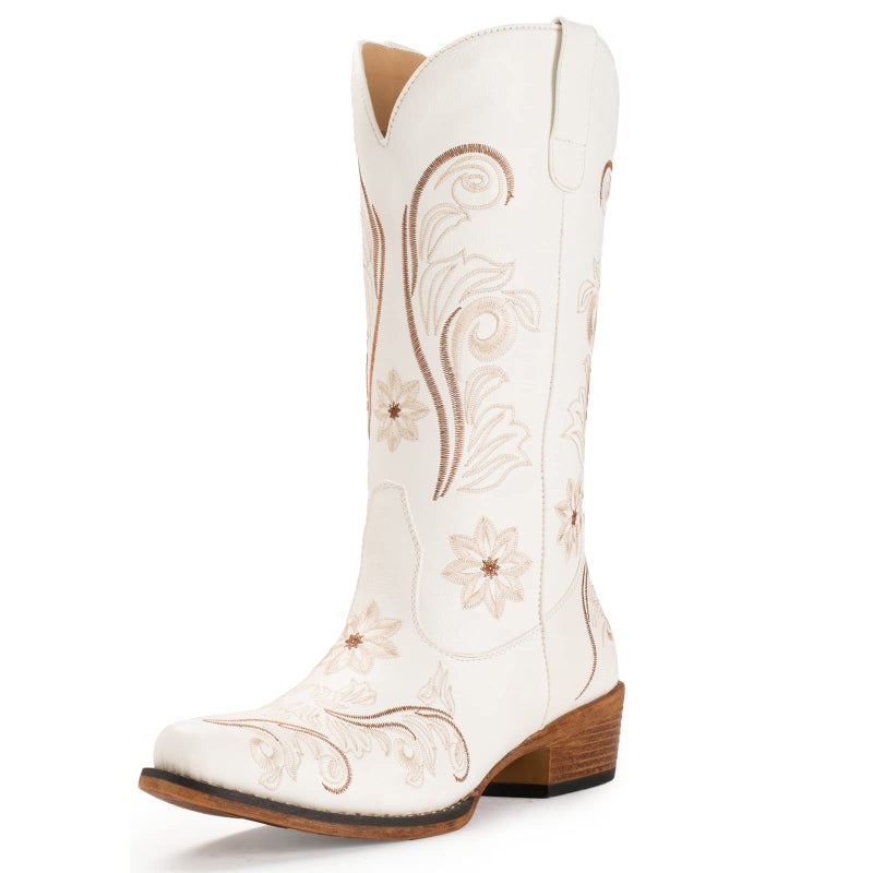 IUV Cowboy Boots For Women Mid Calf Cowgirl Boots Embroidered Pull-On Tabs Snip Toe Boot - Image 1