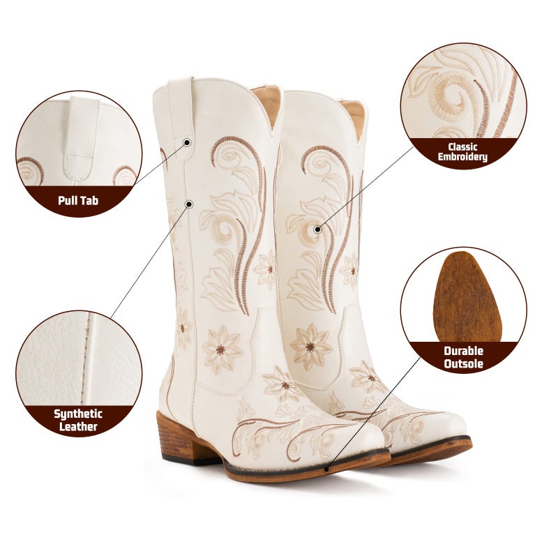 IUV Cowboy Boots For Women Mid Calf Cowgirl Boots Embroidered Pull-On Tabs Snip Toe Boot - Image 4