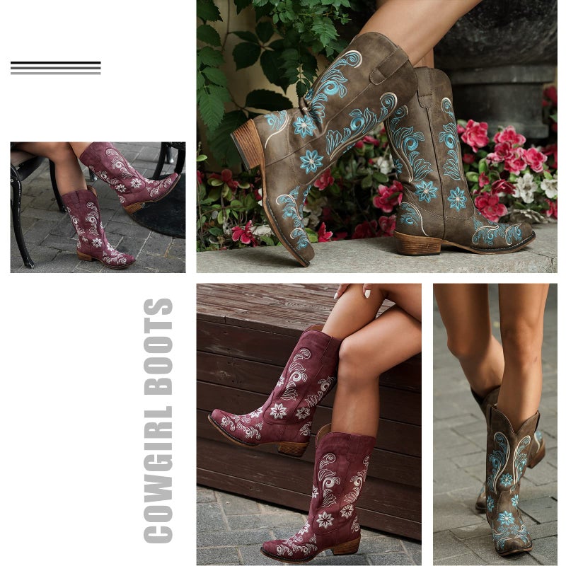IUV Cowboy Boots For Women Mid Calf Cowgirl Boots Embroidered Pull-On Tabs Snip Toe Boot - Image 2