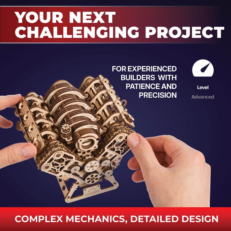 UGEARS V8 Engine Model Kit - 3D Wooden Puzzles for Adults, 3D Puzzle Model Engine Kit, DIY Kits Gifts for Engineers for Christmas, Wooden Model Kits for Adults to Build, Brain Teaser Hobby Set - Image 4