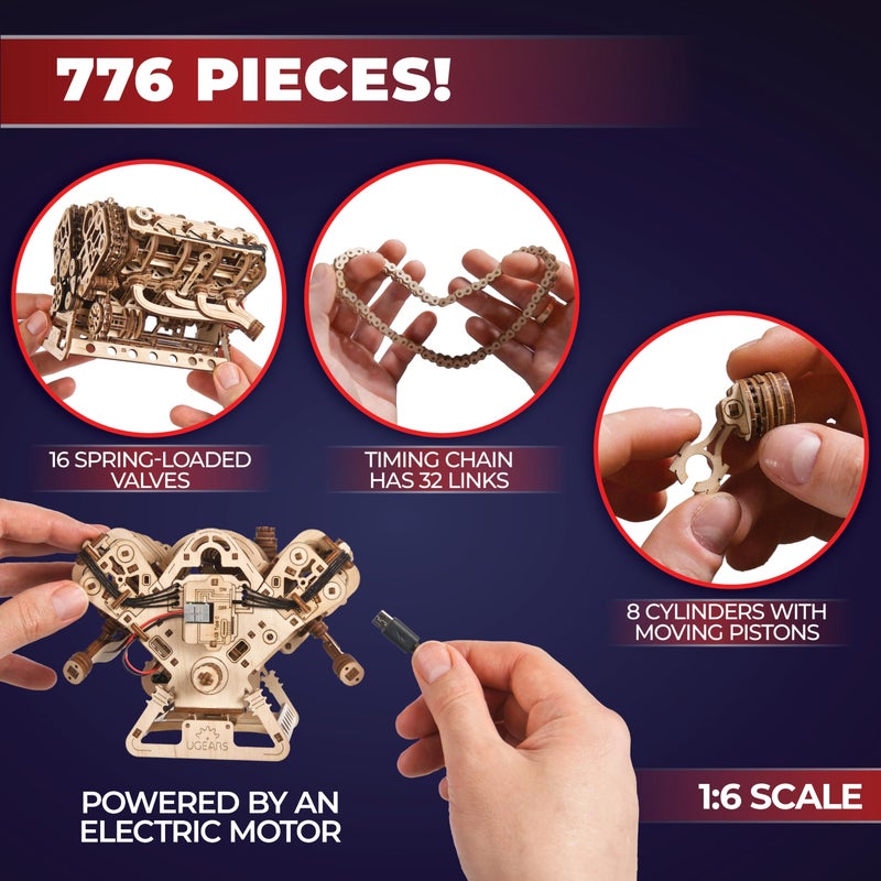 UGEARS V8 Engine Model Kit - 3D Wooden Puzzles for Adults, 3D Puzzle Model Engine Kit, DIY Kits Gifts for Engineers for Christmas, Wooden Model Kits for Adults to Build, Brain Teaser Hobby Set - Image 3