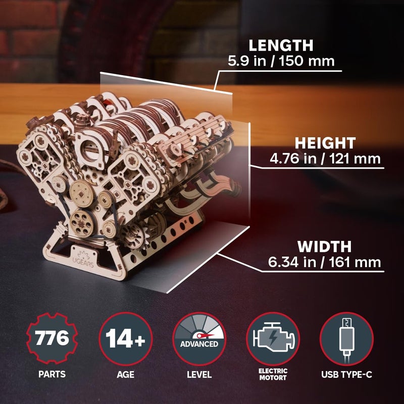 UGEARS V8 Engine Model Kit - 3D Wooden Puzzles for Adults, 3D Puzzle Model Engine Kit, DIY Kits Gifts for Engineers for Christmas, Wooden Model Kits for Adults to Build, Brain Teaser Hobby Set - Image 2