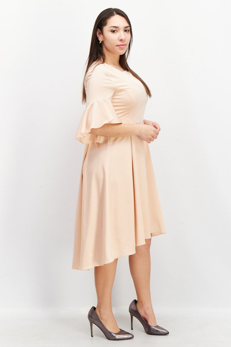 VERO MODA فستان ميدي بأكمام جرس بسيطة للنساء من فيرو مودا، لون خوخي فاتح - Image 3