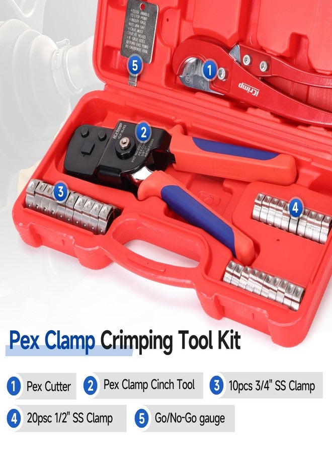 IWISS iCrimp One-Hand Crimping Tool Meets ASTM F2098, PEX Clamp Cinch Tool Kit with 20PCS 1/2-in, 10PCS 3/4-in PEX Clamps and Pipe Cutter- All in One - Image 2