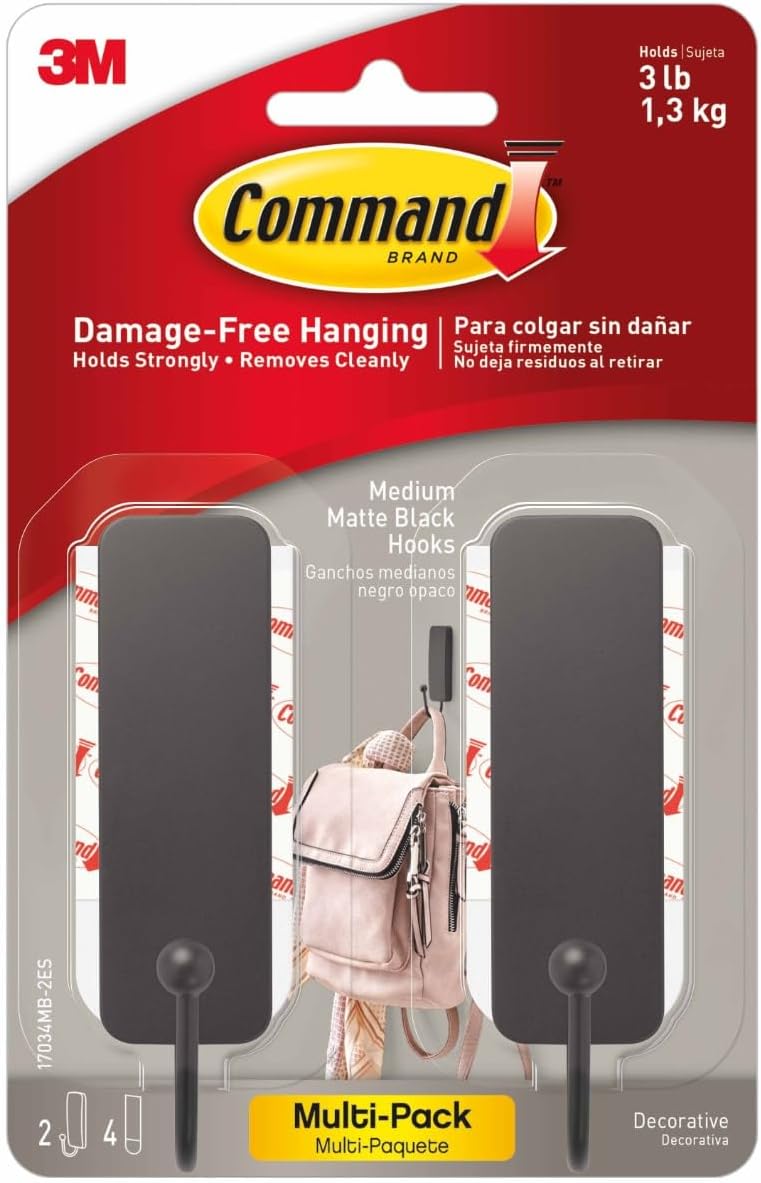 Command Medium Matte Black Decorative Hook, 2-Hooks, 4-Strips Per Pack, Decorate Damage-Free - Image 1
