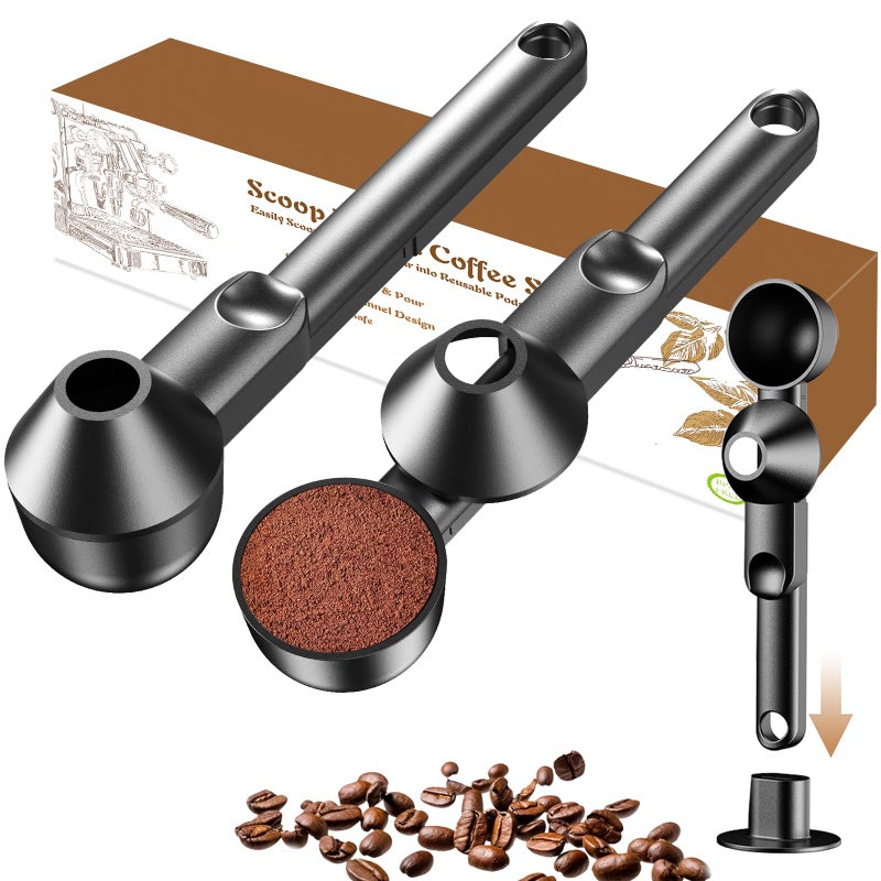 Mudygelay Coffee Scoop with Funnel for Ground Coffee, Protein Powder & Tea, for Reusable K Cup Refiller, 2TBSP Mess-Free, Funnel Design Prevents Spills (Black, 2-Pack) - Image 1