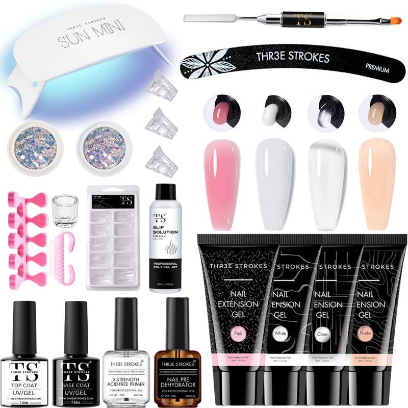 THR3E STROKES Poly Gel Nail Kit PolyGel with Slip Solution Mini U V Nail Light Poly Nail Gel Kit for Beginners with Everything Extension MINIMUM 180S TO DRY JADE KIT - Image 1