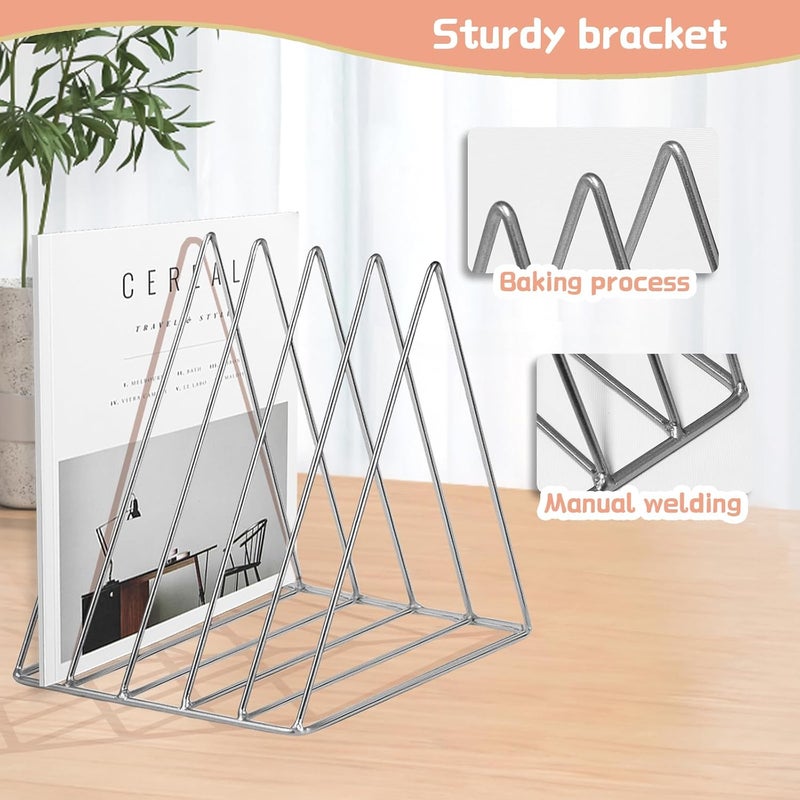 QPEY Triangle File Holder,5 Slot Metal Vinyl Record Stand Holder Magazine Newspaper Holder Photography Props for Office Home(silvery) - Image 3