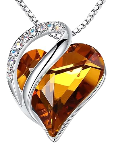 Leafael Necklaces for Women, Infinity Love Birthstone Heart Pendant with Amber Brown Crystal for November, Birthday Jewelry Gifts for Her, Mom, and Wife, Silver Plated, 18 plus 2 inch Chain - Image 1