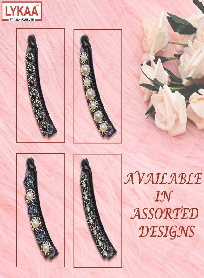 LYKAA 2 Pcs Medium Size Imported Acrylic Plastic Banana Clip with Pearls & Flowers, Hair French Barrettes Korean Claw Clips Anti Hair Accessories For Girls And Women - Pack of 2 (Multi Design) - Image 3