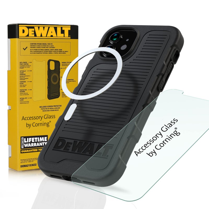 DEWALT حافظة هاتف DEWALT الثقيلة / مجموعة واقي الشاشة، حافظة مغناطيسية لجهاز iPhone 13 Pro Max، واقي شاشة زجاجي مقسى متضمن، متوافق مع MagSafe، مقاوم للصدمات والخدوش، أسود - Image 1