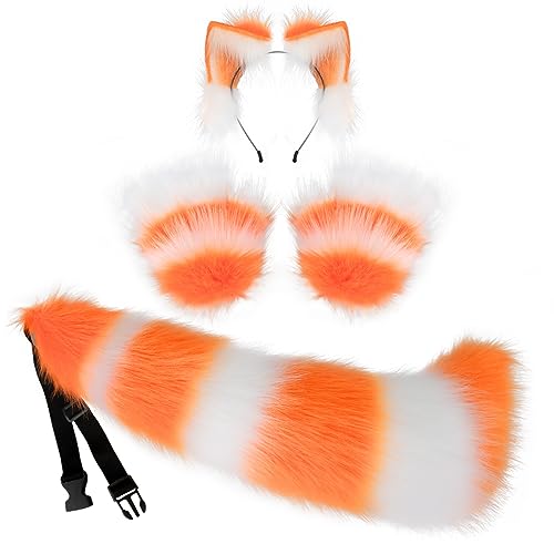 JUNBOON Faux Fur Cat Ears and Wolf Fox Tail Set Adult Claw Glove Kit for Halloween Anime Cosplay Party - Image 1