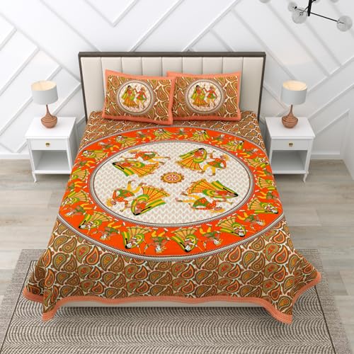RajasthaniKart® Pure 100% Cotton Double Bed Sheet with 2 Pillow Covers (Bedsheet for Double Bed Cotton, Orange Jaipuri, King Size,144TC) - Image 3