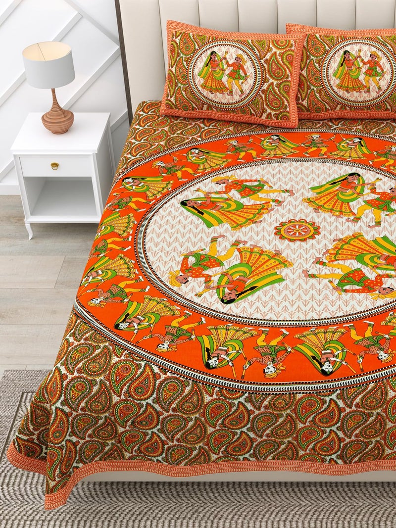 RajasthaniKart® Pure 100% Cotton Double Bed Sheet with 2 Pillow Covers (Bedsheet for Double Bed Cotton, Orange Jaipuri, King Size,144TC) - Image 2