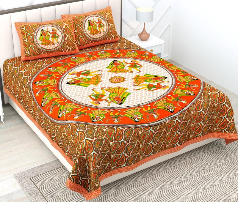RajasthaniKart® Pure 100% Cotton Double Bed Sheet with 2 Pillow Covers (Bedsheet for Double Bed Cotton, Orange Jaipuri, King Size,144TC) - Image 1