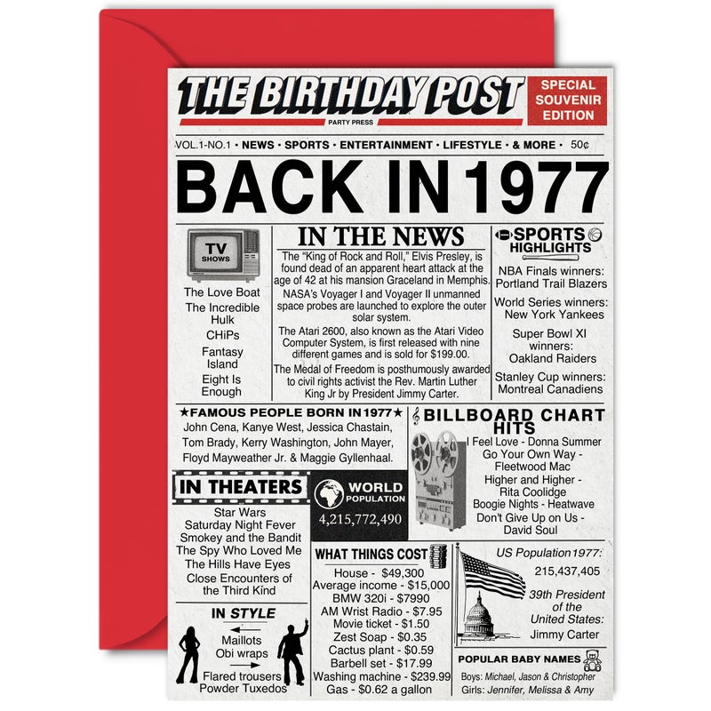 Stuff4 48th Birthday Cards for Men Women - Back In 1977 Newspaper - 48 Happy Birthday Decorations Card for Her Him Dad Mom Husband Wife Uncle Aunt Vintage Retro Born In 1977, A5 Bday Anniversary Cards - Image 1