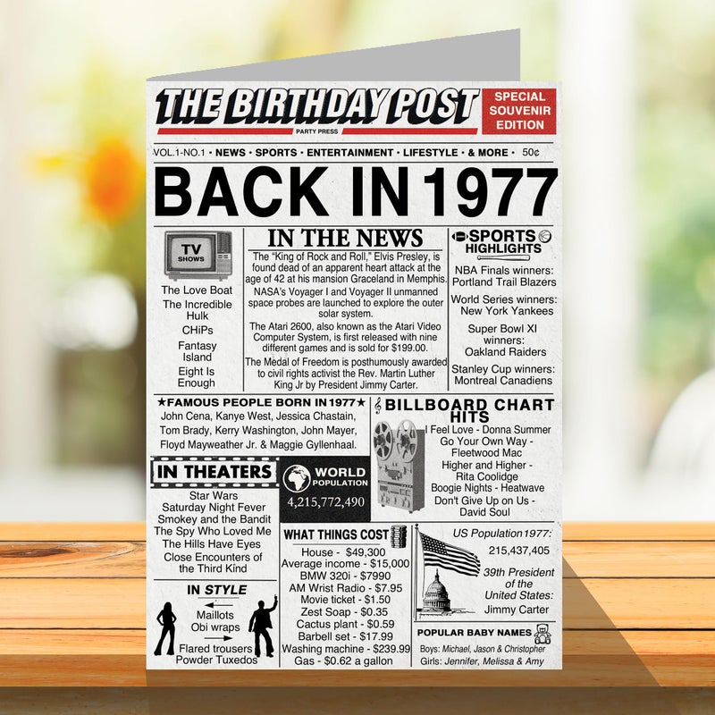 Stuff4 48th Birthday Cards for Men Women - Back In 1977 Newspaper - 48 Happy Birthday Decorations Card for Her Him Dad Mom Husband Wife Uncle Aunt Vintage Retro Born In 1977, A5 Bday Anniversary Cards - Image 3