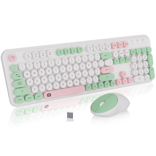 FD 24GHz Wireless Keyboard and Mouse Set with Switch Button FullSize Keyboard Compatible for WindowsLaptopPCNotebookSmart TV and More Milky White Green Colorful - Image 1