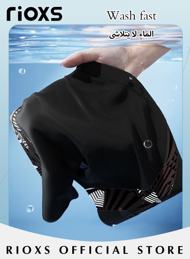 ريوكس ملابس سباحة للرجال، ملابس سباحة رجالية سريعة الجفاف، شورت سباحة على الشاطئ برباط، بدلة سباحة مطاطية، ملابس سباحة مطبوعة، ملابس سباحة قصيرة فضفاضة للرياضة لقضاء إجازة على الشاطئ، أسود - Image 5