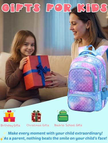 BLUEFAIRY حقيبة ظهر للأطفال من BLUEFAIRY للأولاد والبنات، حقيبة مدرسية للمرحلة الابتدائية والمتوسطة، حقيبة العودة إلى المدرسة للأطفال بعمر 6-8 سنوات، حقيبة مدرسية 17 بوصة بلون أزرق السماء مع تصميم حورية البحر - Image 3