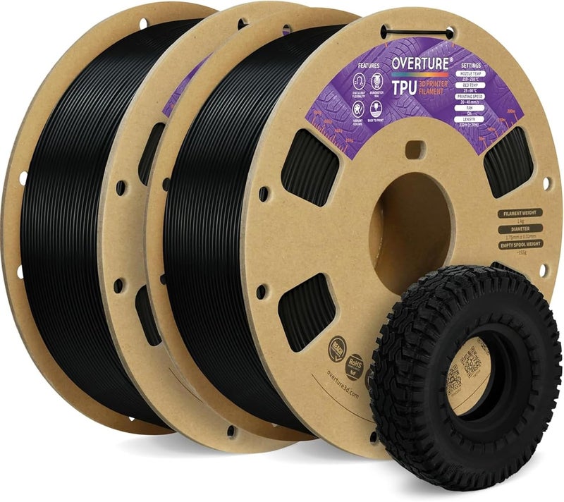 OVERTURE TPU Filament 1.75mm Flexible Roll, 95A Soft 3D Printer Filament, 1kg Spool (2.2 lbs), Fit Most FDM Printer (TPU Black 2-Pack) - Image 1