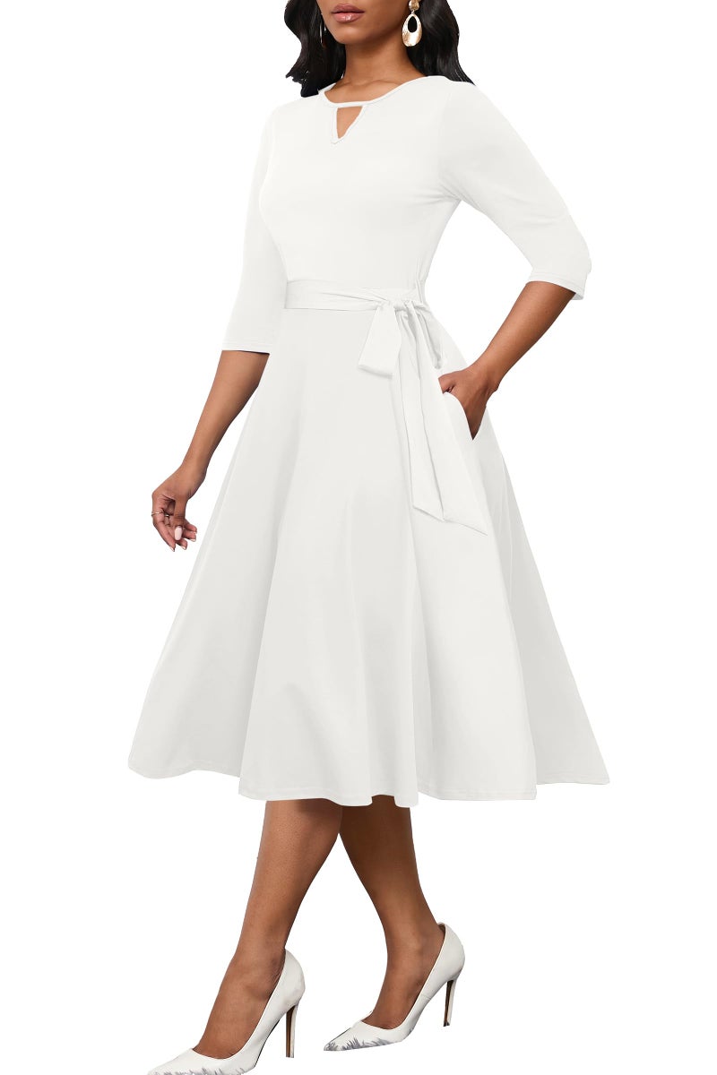 CLOCOR Women's Midi Dress 3/4 Sleeve A-line Swing Dress for Women Crewneck Casual Church White Dresses with Pockets M - Image 1