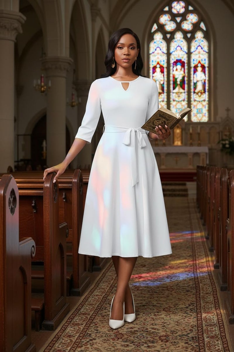 CLOCOR Women's Midi Dress 3/4 Sleeve A-line Swing Dress for Women Crewneck Casual Church White Dresses with Pockets M - Image 2
