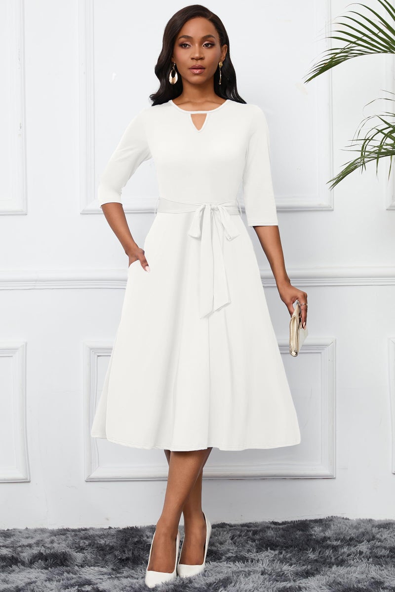 CLOCOR Women's Midi Dress 3/4 Sleeve A-line Swing Dress for Women Crewneck Casual Church White Dresses with Pockets M - Image 3