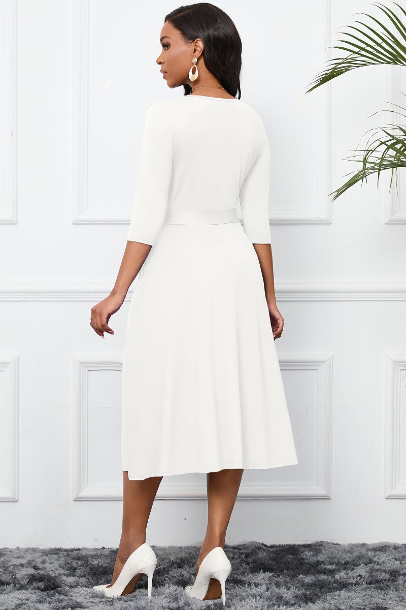 CLOCOR Women's Midi Dress 3/4 Sleeve A-line Swing Dress for Women Crewneck Casual Church White Dresses with Pockets M - Image 4