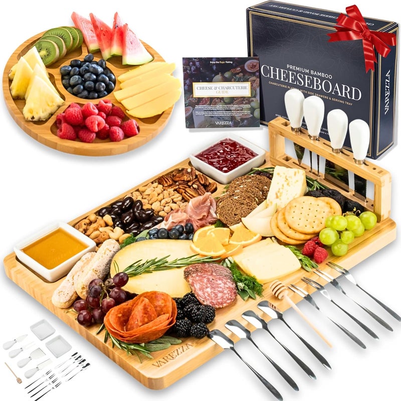 VAREZZA Large Charcuterie Boards Set: Bamboo Cheese Board and Knife Set- Unique for Mom 10 Entertaining Accessories, Christmas and Wedding Gifts for Couple, House Warming New Home - Image 1