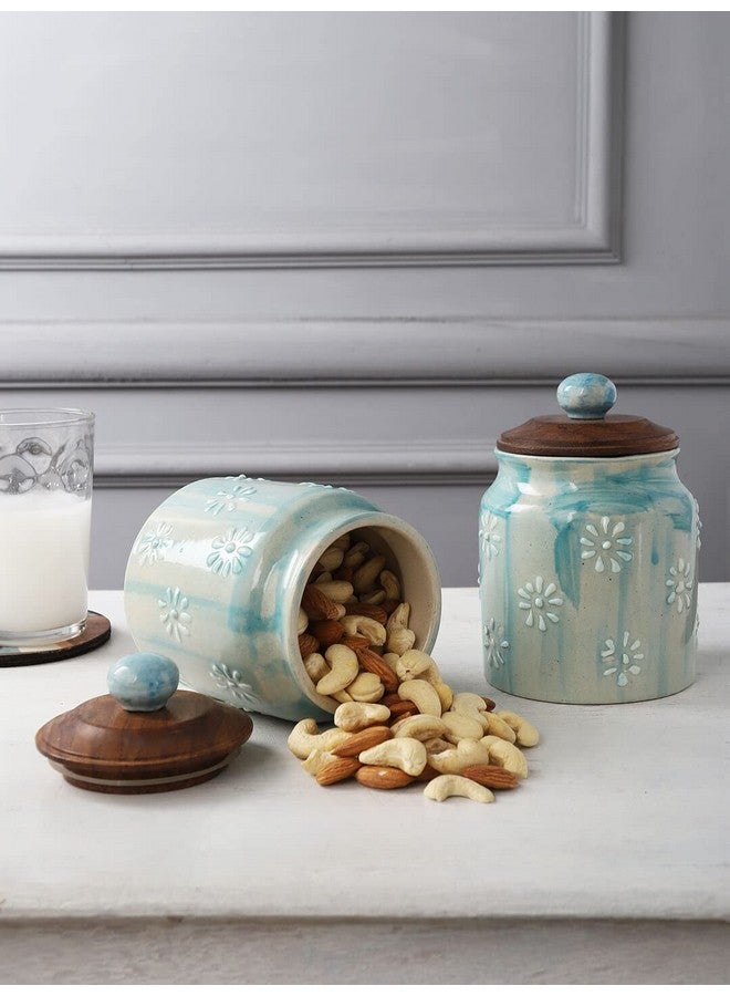 miah decor جرار تخزين الطعام السيراميكية من ميا ديكور - علبة باللون الأزرق مع غطاء خشبي وختم سيليكون محكم، مثالية للشاي، القهوة، التوابل أو الوجبات الخفيفة - مجموعة من 2 - Image 2