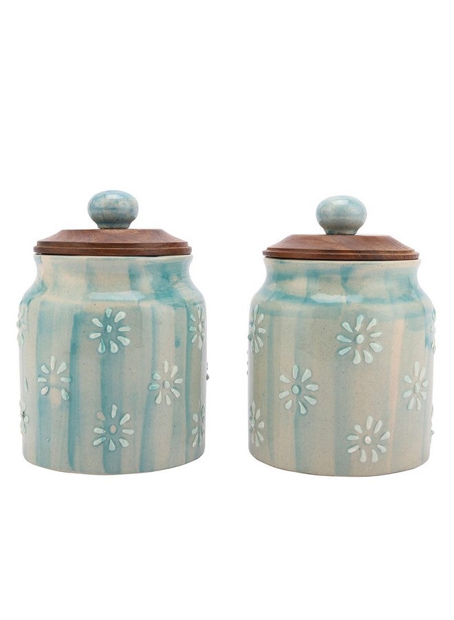 miah decor جرار تخزين الطعام السيراميكية من ميا ديكور - علبة باللون الأزرق مع غطاء خشبي وختم سيليكون محكم، مثالية للشاي، القهوة، التوابل أو الوجبات الخفيفة - مجموعة من 2 - Image 1