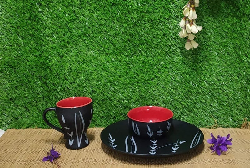 Caffeine Ceramic Handmade Black Bamboo Breakfast Set (Set of 3) - Image 2