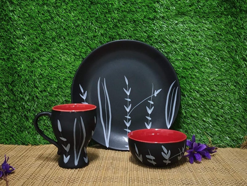 Caffeine Ceramic Handmade Black Bamboo Breakfast Set (Set of 3) - Image 1
