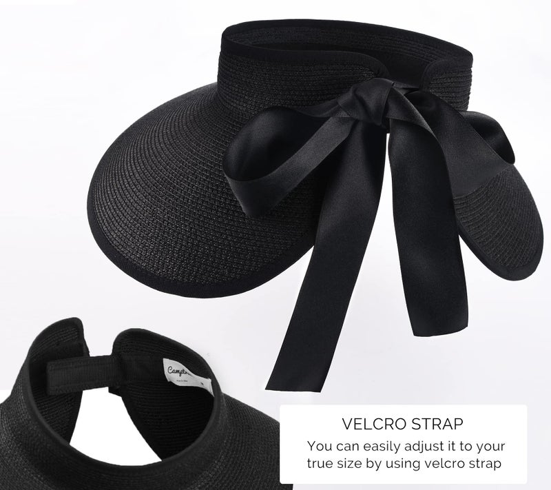 Camptrace Sun Visors for Women Wide Brim Beach Hat Foldable Straw Visor Hat Ponytail Summer Packable UPF 50+ Black - Image 3