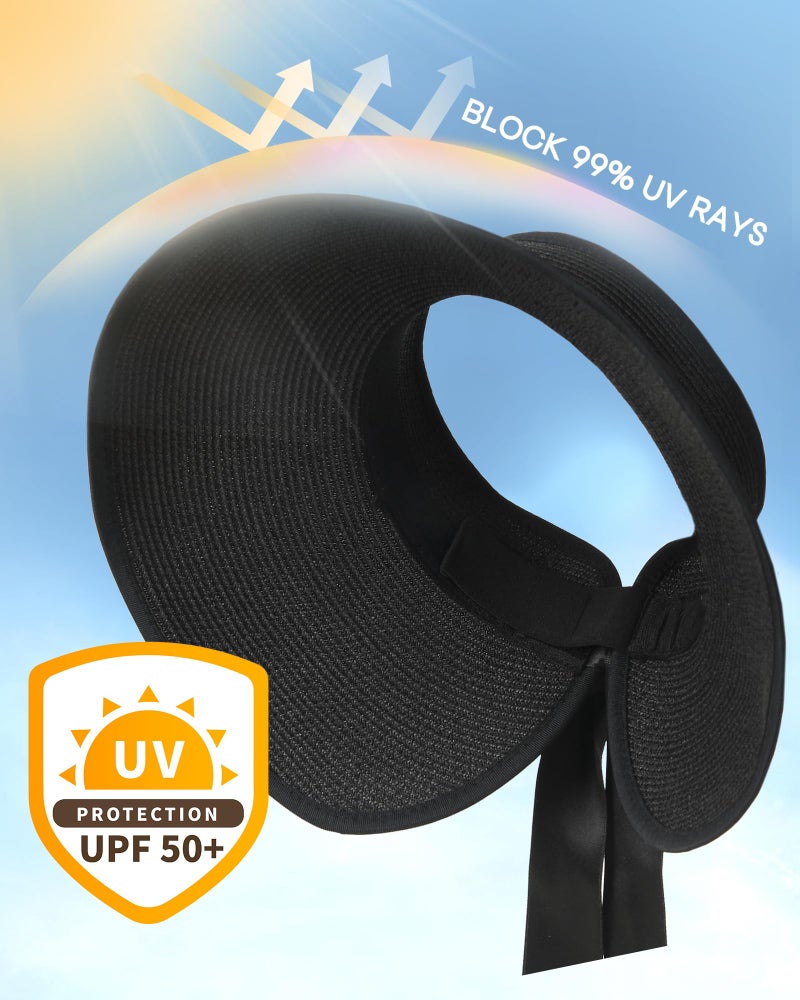 Camptrace Sun Visors for Women Wide Brim Beach Hat Foldable Straw Visor Hat Ponytail Summer Packable UPF 50+ Black - Image 2