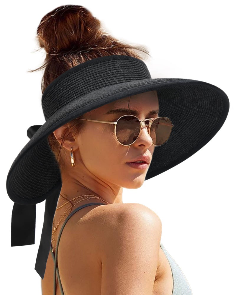 Camptrace Sun Visors for Women Wide Brim Beach Hat Foldable Straw Visor Hat Ponytail Summer Packable UPF 50+ Black - Image 1