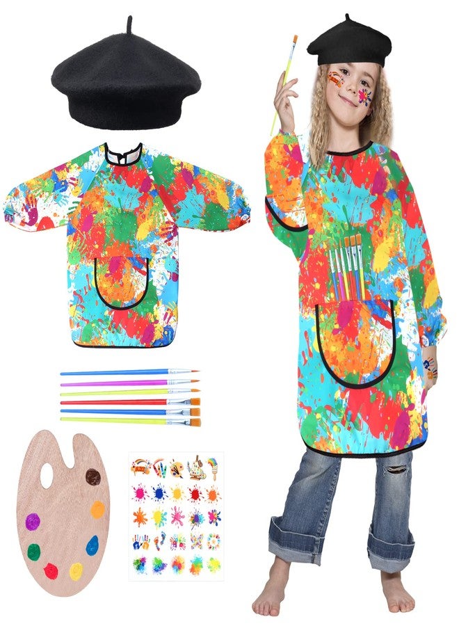Keymall Artist Costume for Kids 5 Pcs Painter Costume With Beret Smock Palette Stickers For Halloween Career Day Dress Up (Multicolor) - Image 1