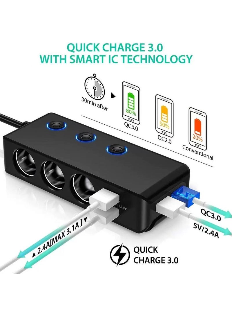 جهاز شحن سريع للسيارة بثلاثة شواحن وأربعة منافذ USB قوة عالية ١٢٠ واط، شحن فائق السرعة QC3.0 - Image 3
