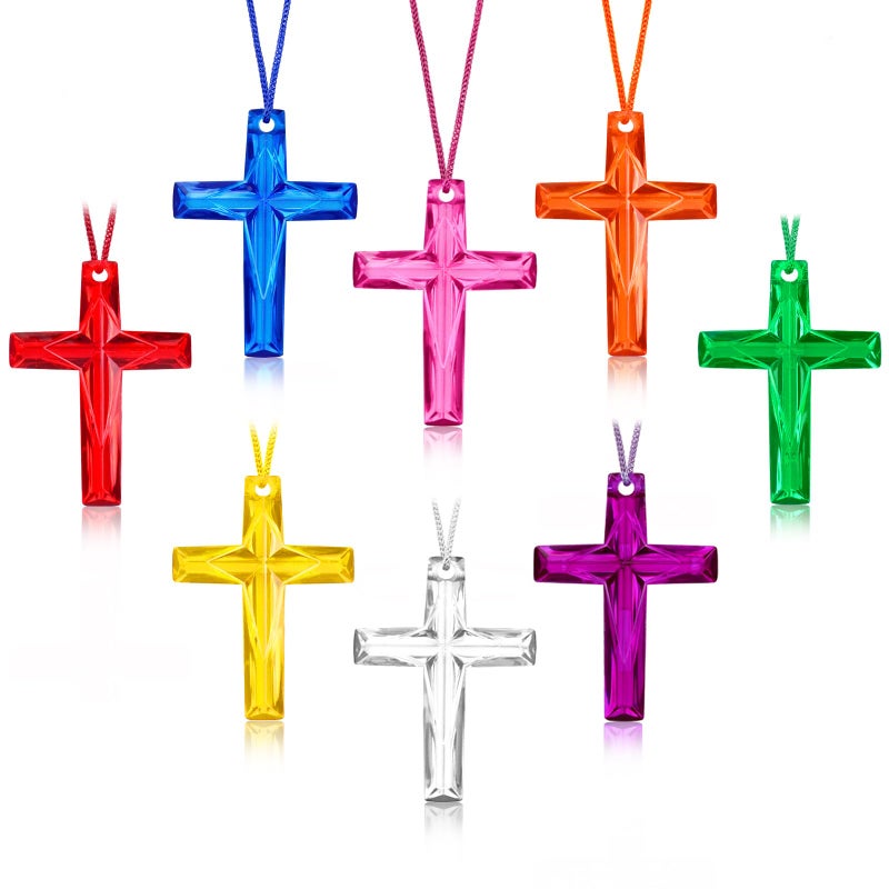 XIPENGKEJI 104 Pcs Crystal Cross Necklace, Plastic Cross Necklace Christian Gift Bulk Religious Party Favors Toy for Sunday School Church Easter Vacation Bible School Operation Christmas,8 Colors(Transparent Color) - Image 1