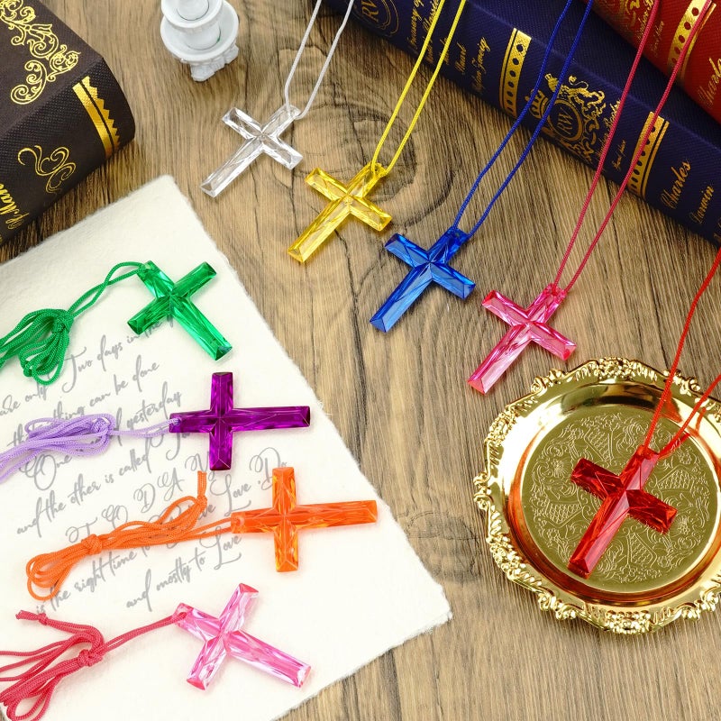 XIPENGKEJI 104 Pcs Crystal Cross Necklace, Plastic Cross Necklace Christian Gift Bulk Religious Party Favors Toy for Sunday School Church Easter Vacation Bible School Operation Christmas,8 Colors(Transparent Color) - Image 5