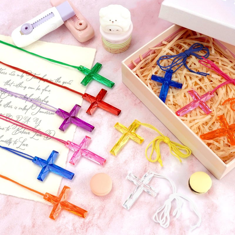 XIPENGKEJI 104 Pcs Crystal Cross Necklace, Plastic Cross Necklace Christian Gift Bulk Religious Party Favors Toy for Sunday School Church Easter Vacation Bible School Operation Christmas,8 Colors(Transparent Color) - Image 4