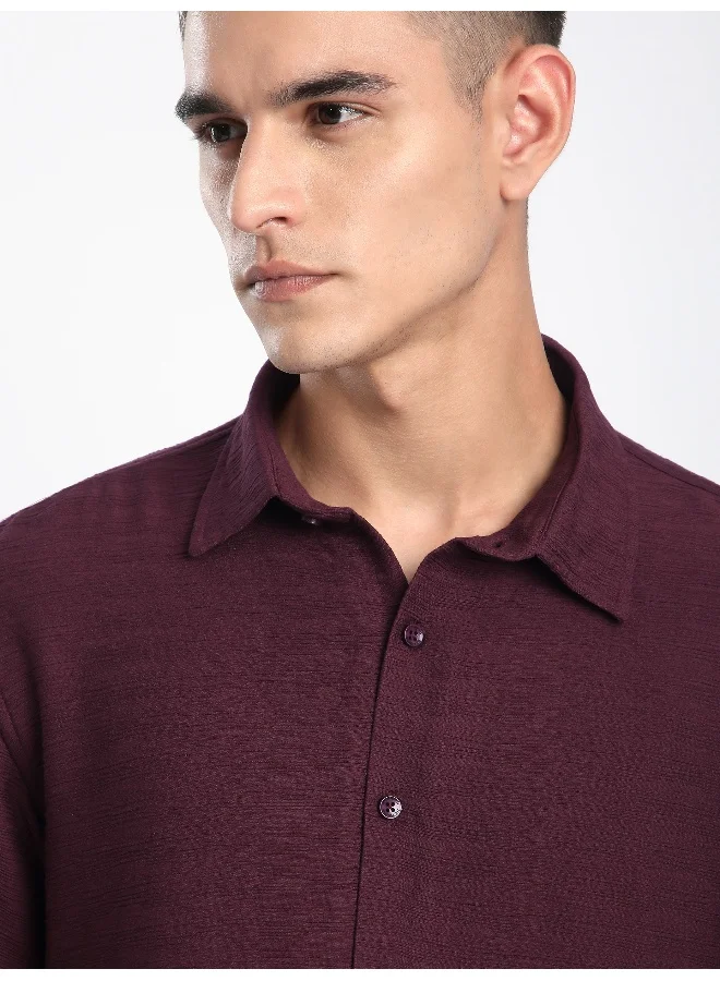 Beyoung Maroon Crinkled Shirt
