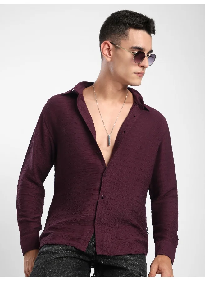 Beyoung Maroon Crinkled Shirt