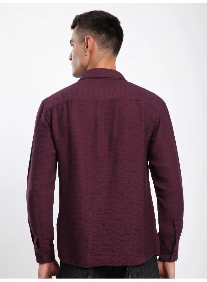 Beyoung Maroon Crinkled Shirt