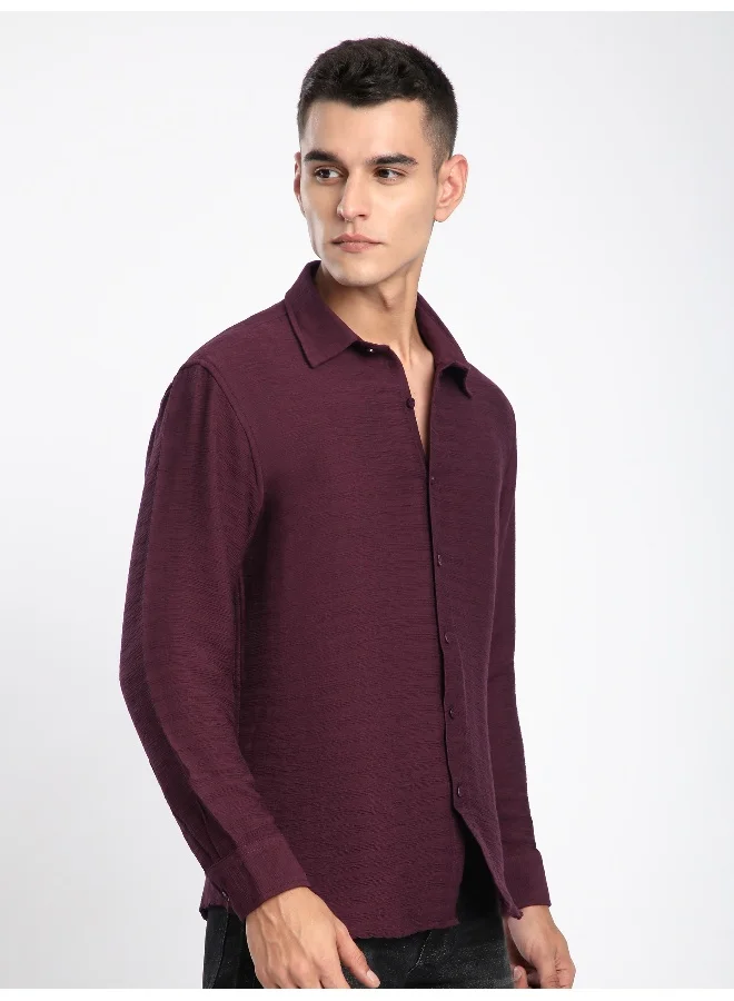 Beyoung Maroon Crinkled Shirt