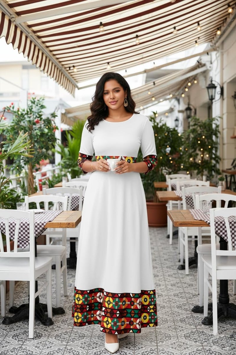FANDEE Casual Maxi Dresses for Women Elegant 3/4 Sleeve Round Neck Africa Print Church Dress with Pocket - Image 4