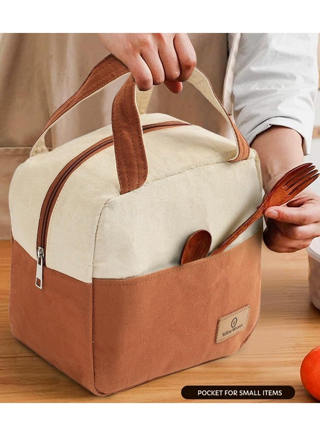 Yellow Weaves 100% Cotton Canvas Lunch Bag Reusable and Washable, Eco-Friendly Lunch Bag, Leakproof Keeps Hot & Cold, Lunch Bag for Men Women Kids Office Picnic School, Regular Size (Beige & Brown) - Image 3