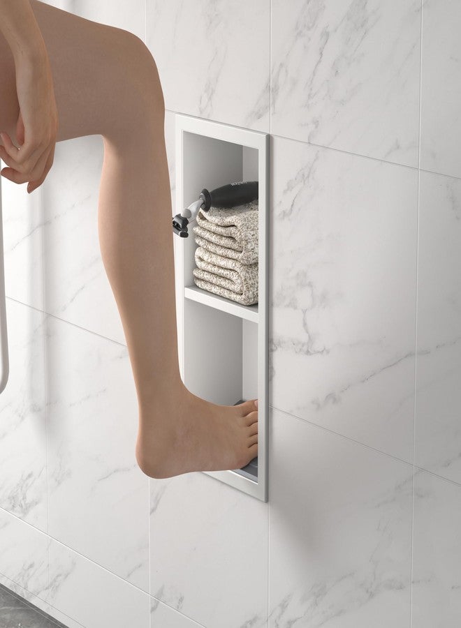 Bernkot Shower Niche, 304 Stainless Steel Shower Stool for Bathroom, Recessed Shower Footrest w/Over Mount Installation, No Tile Needed (Matte White, 12.3''x6'') - Image 1